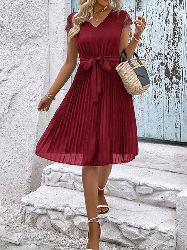 New women's lace stitching solid color pleated dress