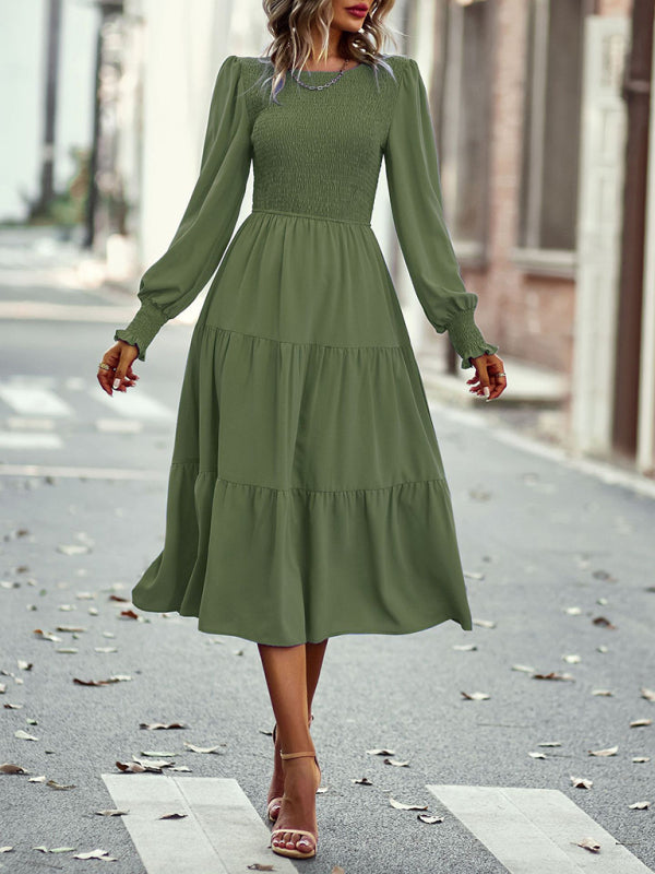 Elastic waist mid-length dress for casual vacation