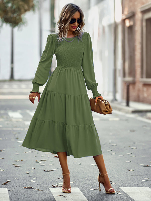 Elastic waist mid-length dress for casual vacation