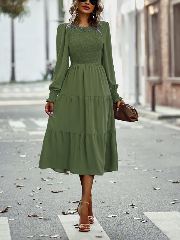 Elastic waist mid-length dress for casual vacation