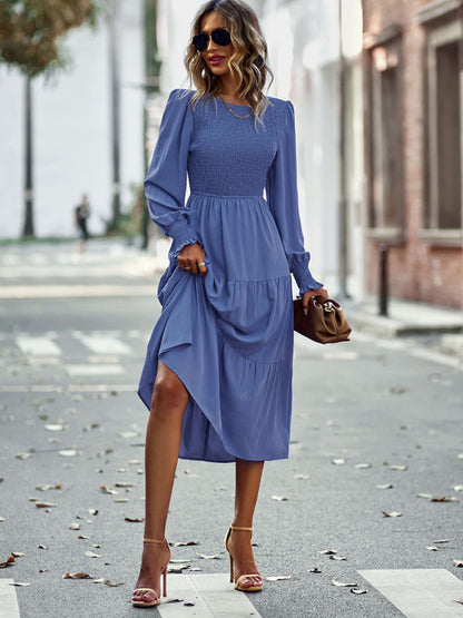 Elastic waist mid-length dress for casual vacation