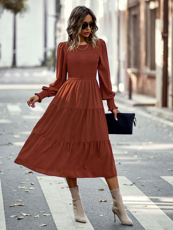 Elastic waist mid-length dress for casual vacation