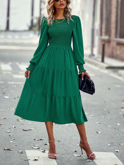 Elastic waist mid-length dress for casual vacation