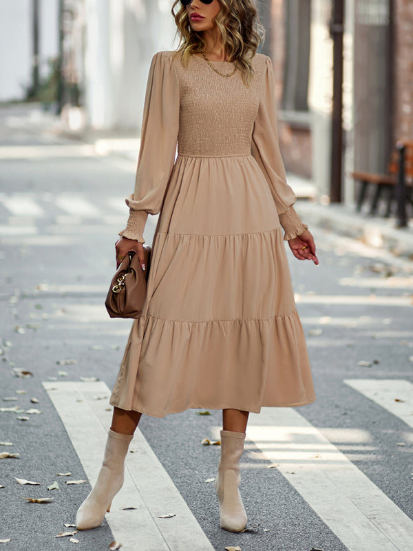 Elastic waist mid-length dress for casual vacation