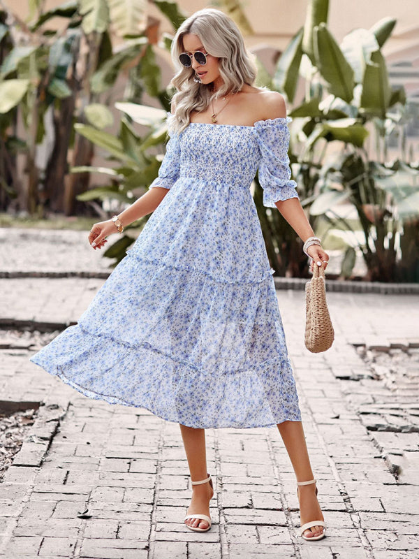 Puff Sleeve Narrow Waist Large Skirt Floral Print Dress