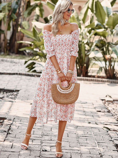 Puff Sleeve Narrow Waist Large Skirt Floral Print Dress