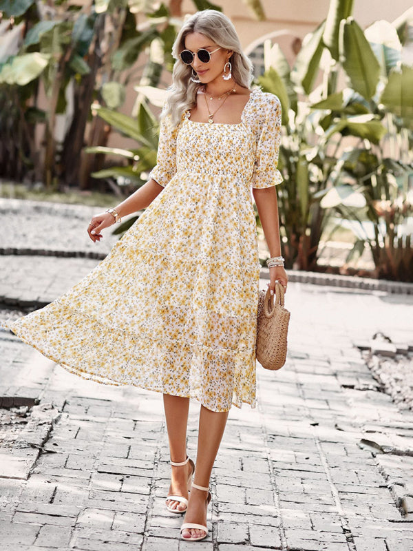 Puff Sleeve Narrow Waist Large Skirt Floral Print Dress