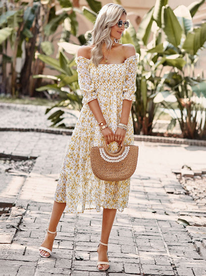 Puff Sleeve Narrow Waist Large Skirt Floral Print Dress