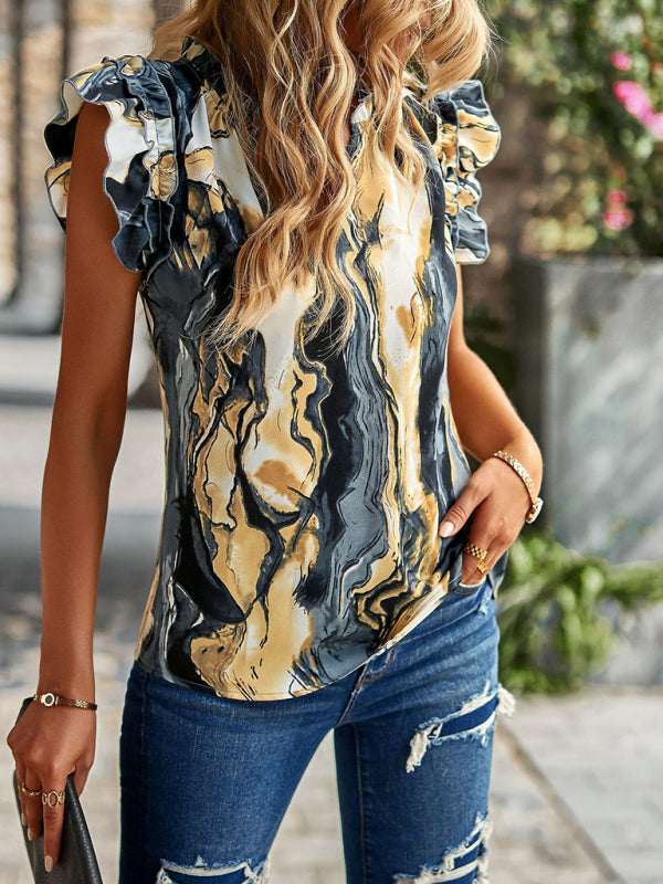 V-neck ruffled floral temperament top