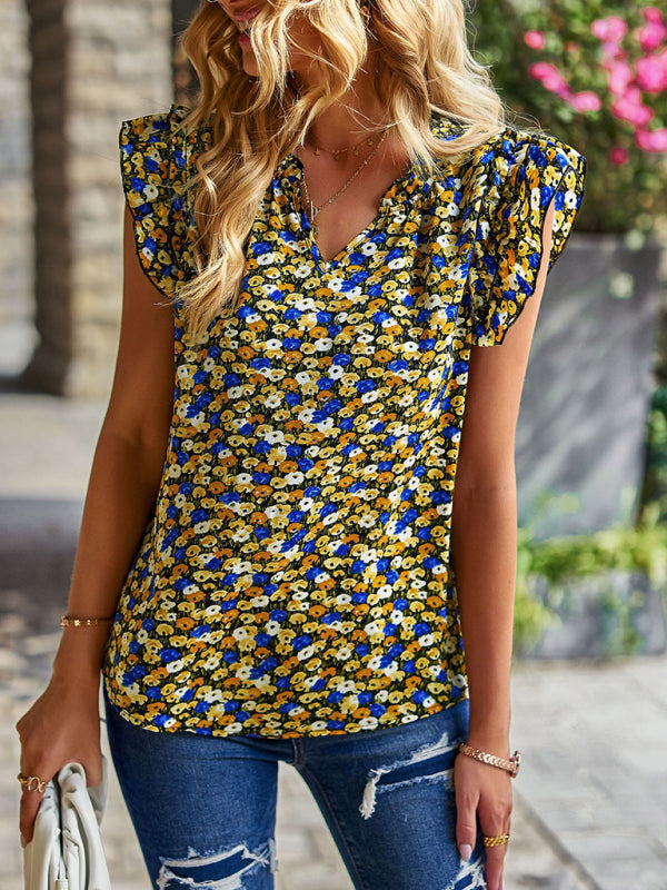 V-neck ruffled floral temperament top