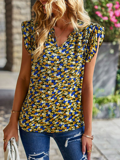 V-neck ruffled floral temperament top