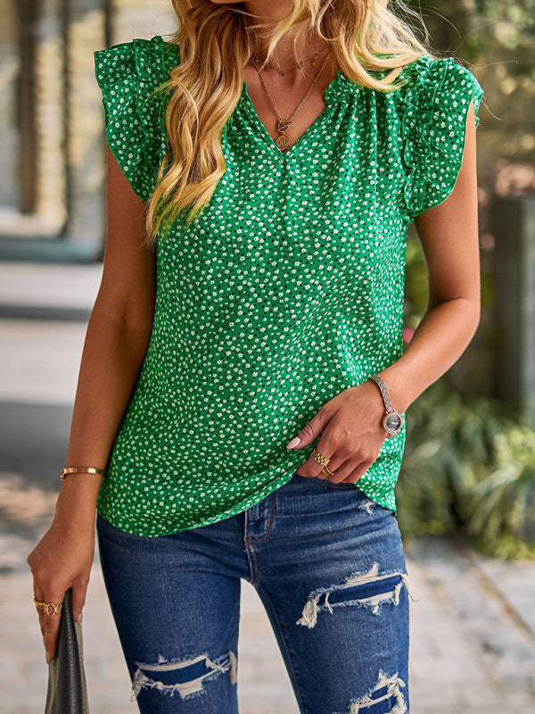 V-neck ruffled floral temperament top