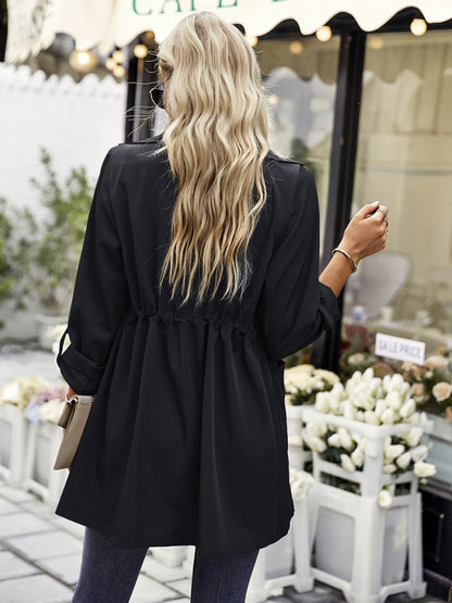 Women's fashion lapel drawstring trench coat