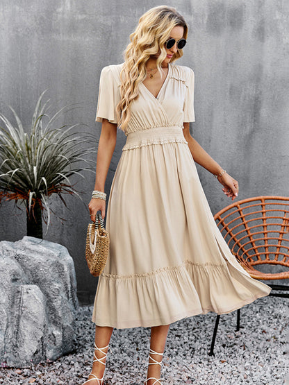 V-neck dress elegant waist slit long skirt