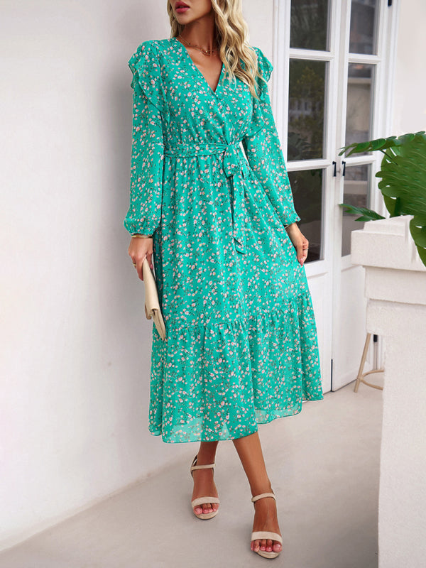 Women's Fashion Casual Floral V-neck Long Sleeve Dress