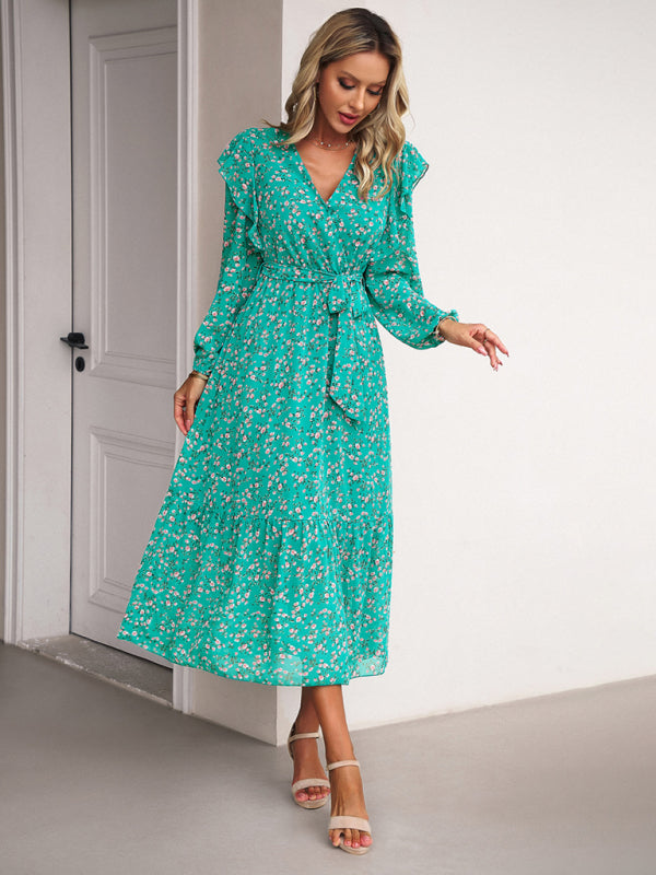 Women's Fashion Casual Floral V-neck Long Sleeve Dress