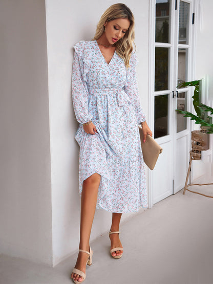 Women's Fashion Casual Floral V-neck Long Sleeve Dress