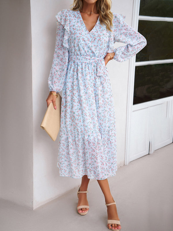 Women's Fashion Casual Floral V-neck Long Sleeve Dress