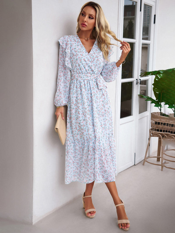 Women's Fashion Casual Floral V-neck Long Sleeve Dress