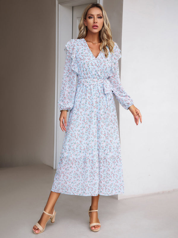 Women's Fashion Casual Floral V-neck Long Sleeve Dress