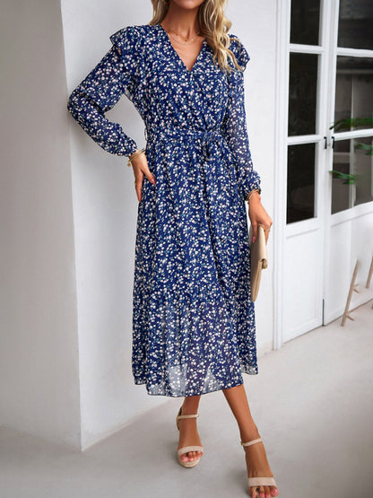 Women's Fashion Casual Floral V-neck Long Sleeve Dress