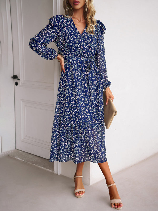 Women's Fashion Casual Floral V-neck Long Sleeve Dress