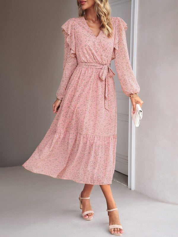 Women's Fashion Casual Floral V-neck Long Sleeve Dress