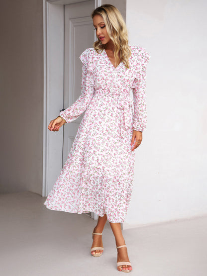 Women's Fashion Casual Floral V-neck Long Sleeve Dress