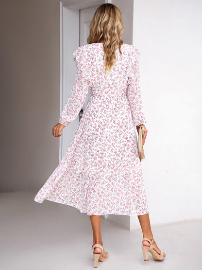 Women's Fashion Casual Floral V-neck Long Sleeve Dress