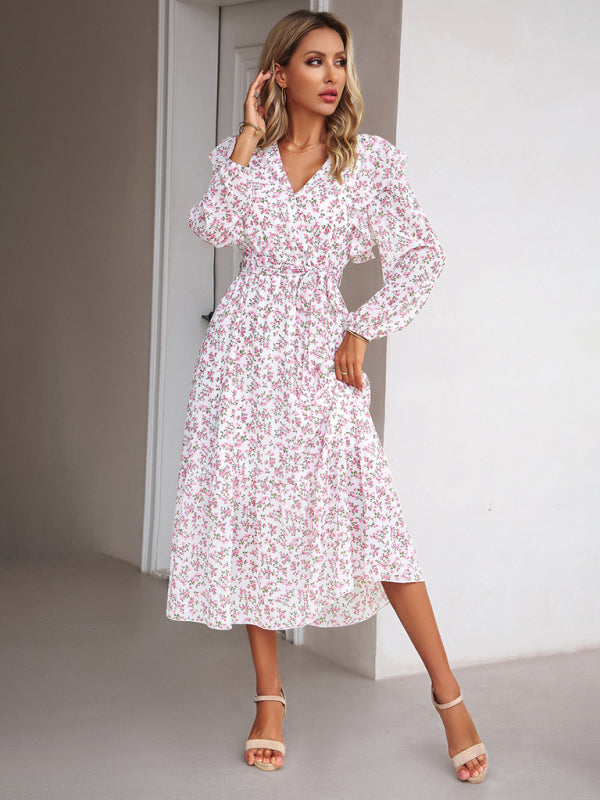 Women's Fashion Casual Floral V-neck Long Sleeve Dress