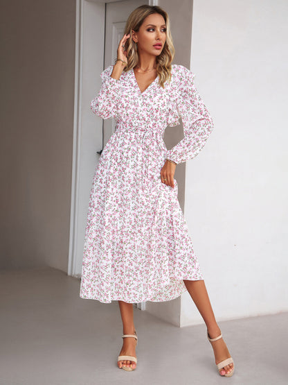 Women's Fashion Casual Floral V-neck Long Sleeve Dress