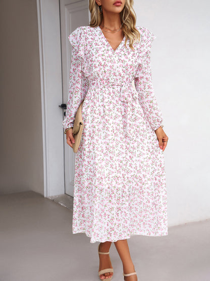 Women's Fashion Casual Floral V-neck Long Sleeve Dress