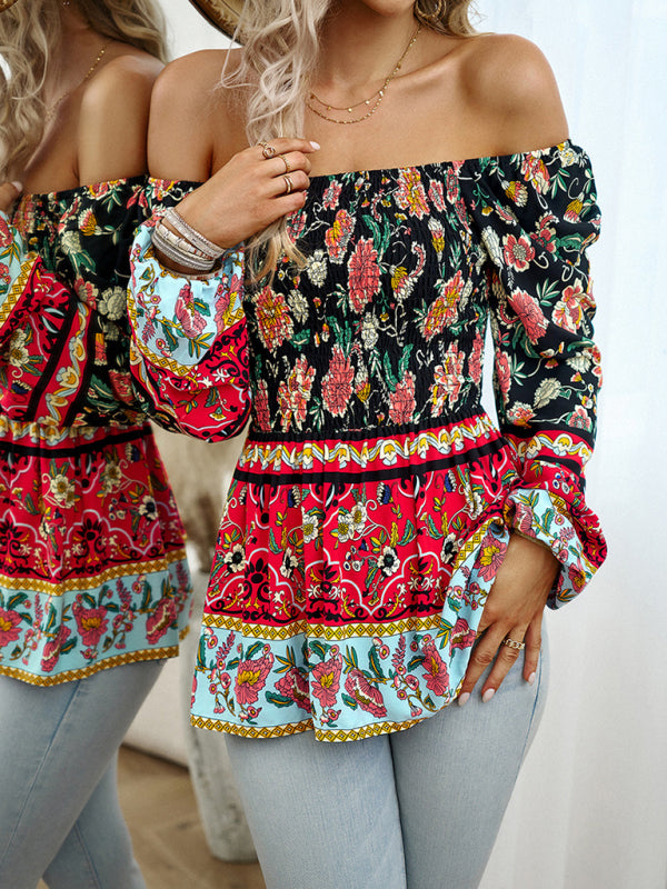 New Women's Floral Square Neck Long Sleeve Top