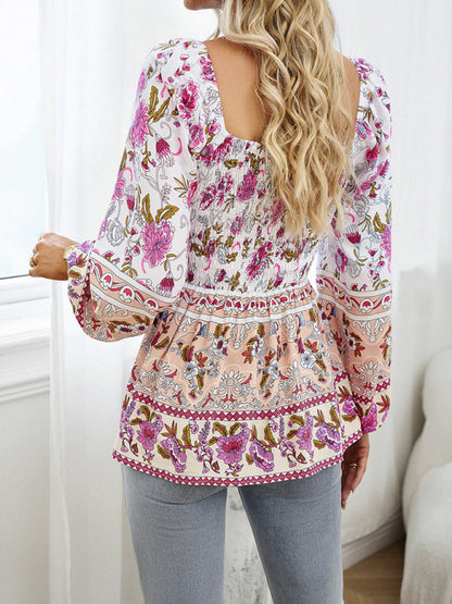 New Women's Floral Square Neck Long Sleeve Top