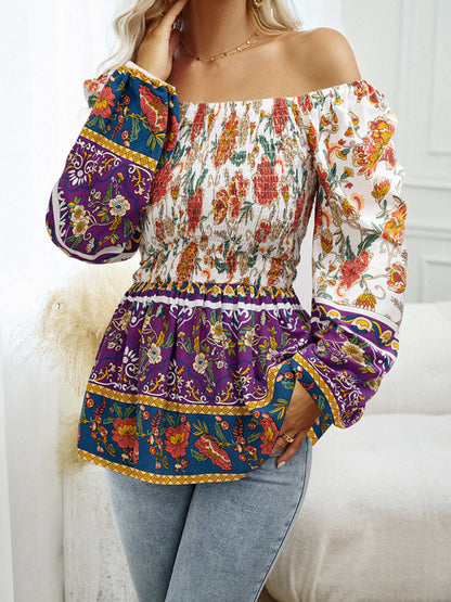 New Women's Floral Square Neck Long Sleeve Top