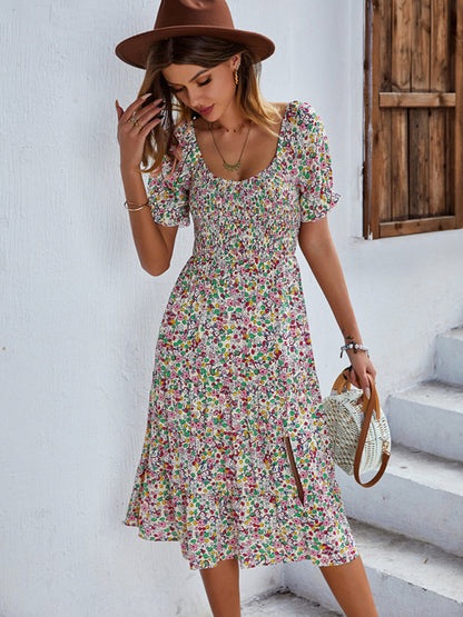 Women's Boho Print Round Neck Swing Skirt Dress