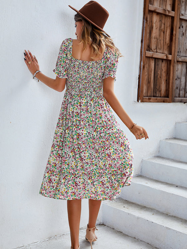 Women's Boho Print Round Neck Swing Skirt Dress