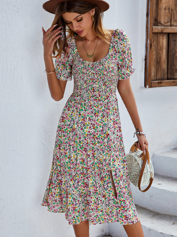 Women's Boho Print Round Neck Swing Skirt Dress