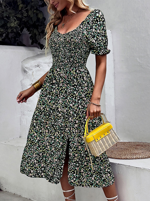 Women's Boho Print Round Neck Swing Skirt Dress