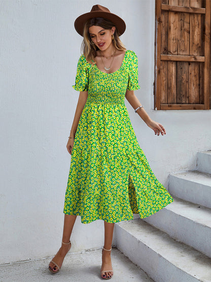 Women's Boho Print Round Neck Swing Skirt Dress