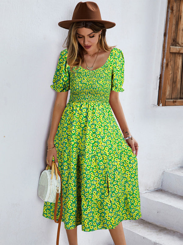 Women's Boho Print Round Neck Swing Skirt Dress