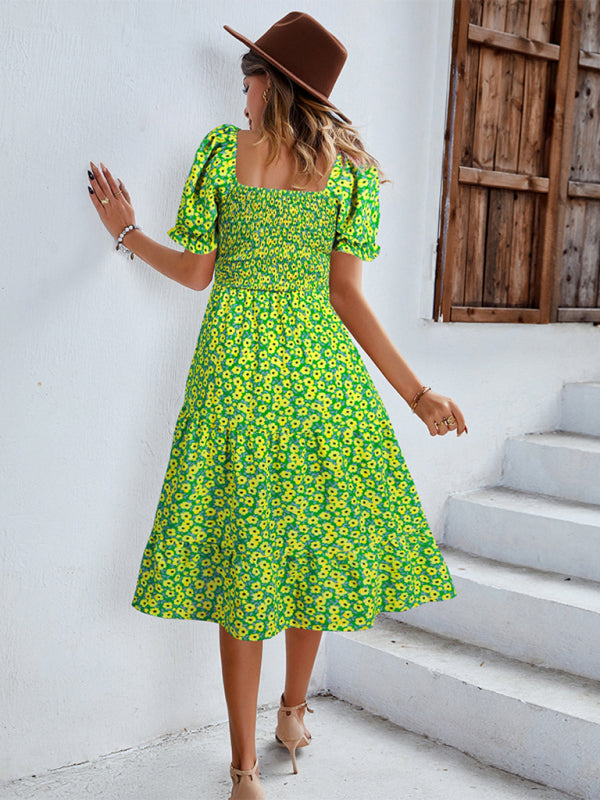 Women's Boho Print Round Neck Swing Skirt Dress