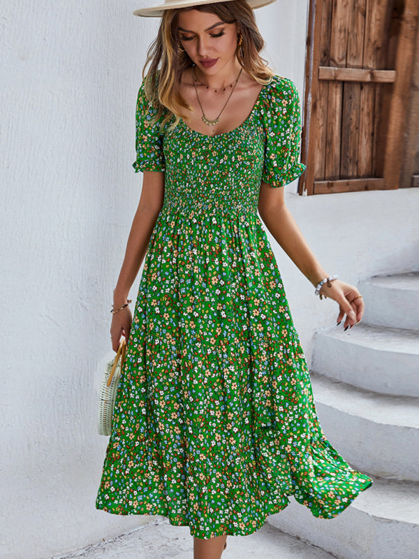 Women's Boho Print Round Neck Swing Skirt Dress