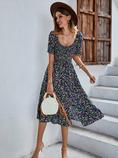 Women's Boho Print Round Neck Swing Skirt Dress