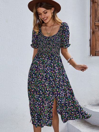 Women's Boho Print Round Neck Swing Skirt Dress