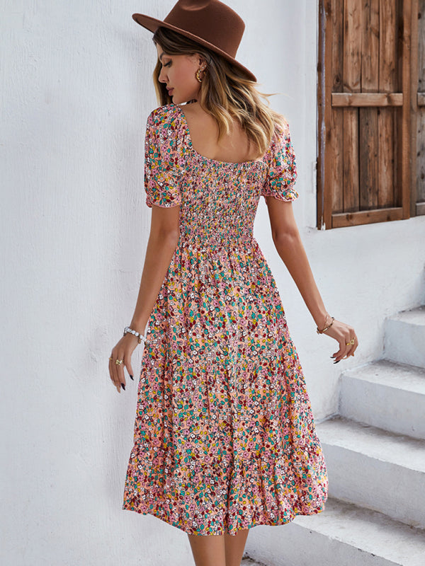 Women's Boho Print Round Neck Swing Skirt Dress