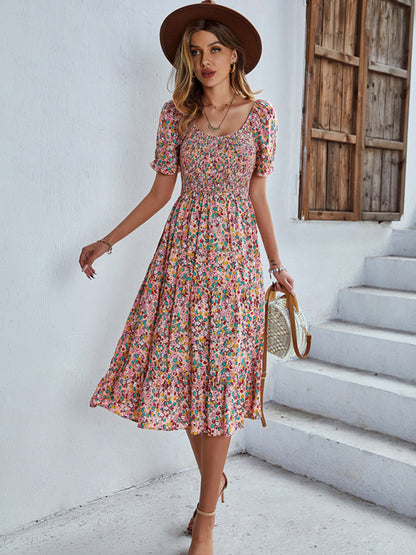 Women's Boho Print Round Neck Swing Skirt Dress