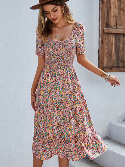 Women's Boho Print Round Neck Swing Skirt Dress