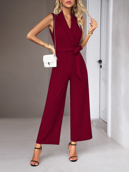 New women's elegant V-neck tie commuter sleeveless jumpsuit