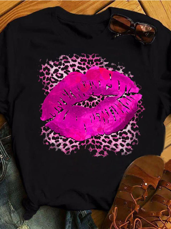 Women's Leopard Print Lip Graphic Tee